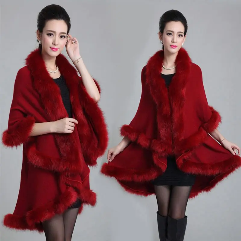 

Brieuces New Fashion Long Wool Cashmere Faux Fox Fur Coat Cardigan Women Poncho Knitted Sweater Women Scarves
