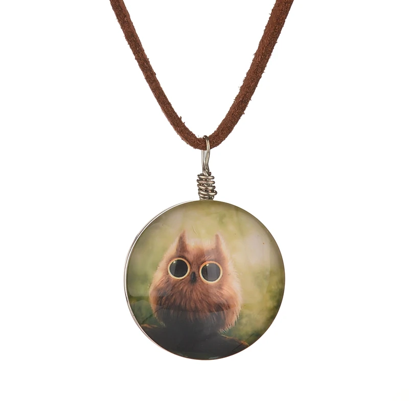 MissCyCy Vintage Leather Chain Duplex Glass Pendant Necklace Women Lovely Owl Necklaces Handmade Jewelry Accessories | Украшения и