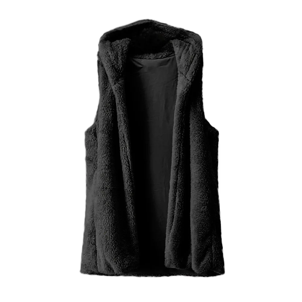 Женская модная меховая теплая жилетка с капюшоном, жилет для девушек, повседневные толстовки без рукавов, куртка, пальто, верхняя одежда, топы черного цвета, XXXL