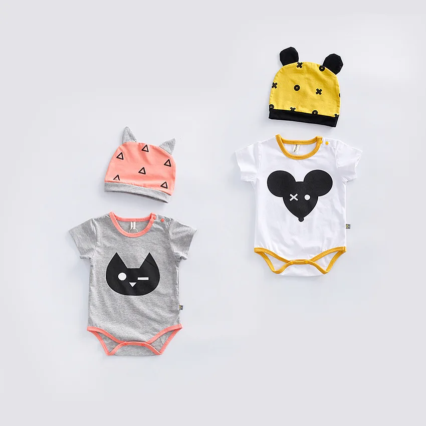 

Lovely Mini Mouse/Cat pattern Baby rompers short sleeve cotton soft baby clothes+Cap Baby Jumpsuits Costume bebe Bodysuits