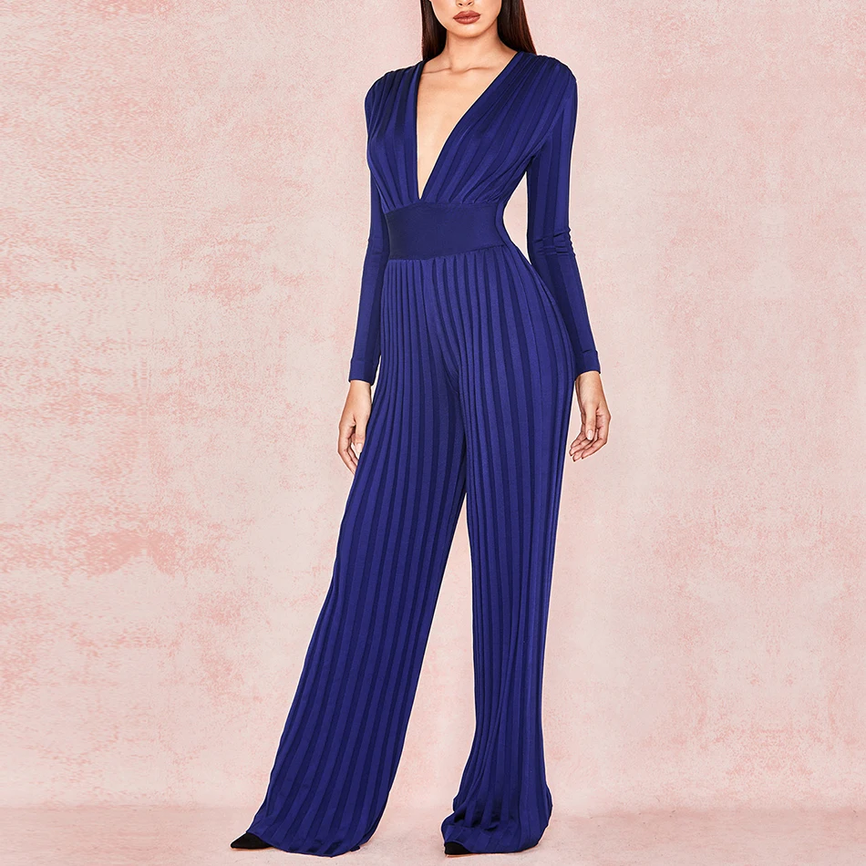 

DressBird Newest Womens Bandage Jumpsuit Rompers Sexy Deep V Neck Blue Long Sleeve Winter Club Celebrity Runway Bodycon Bodysuit