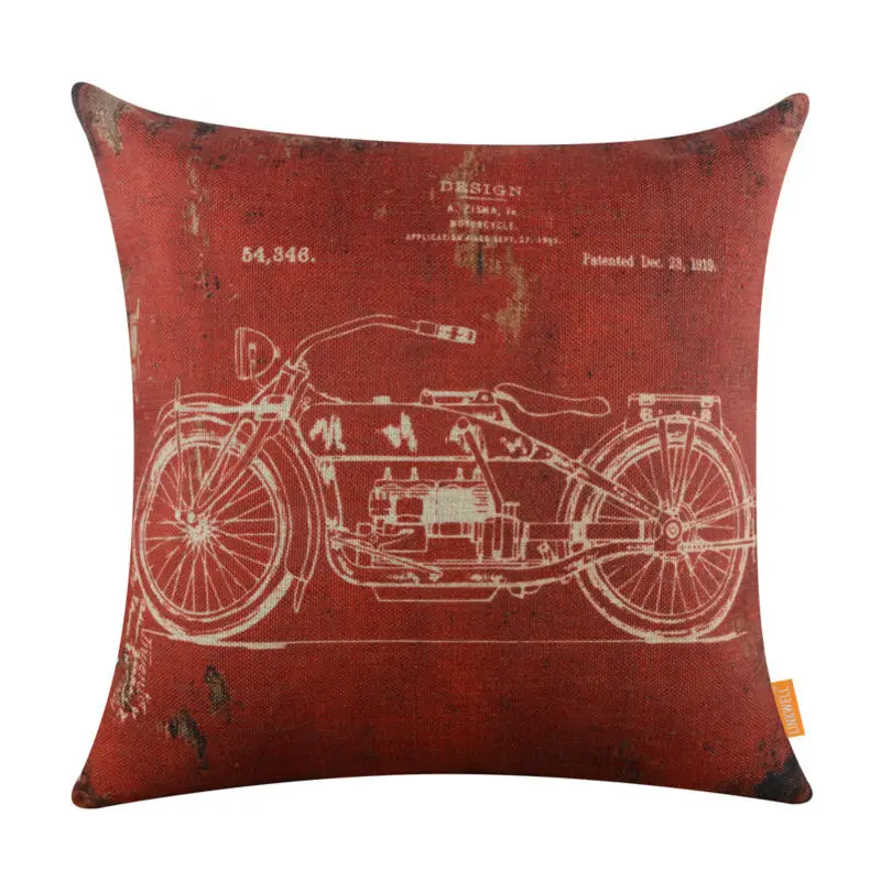 LINKWELL 18x18 &quotРетро Темно-красный СТАРЫЙ мотоцикл патент рисунки Мешковина