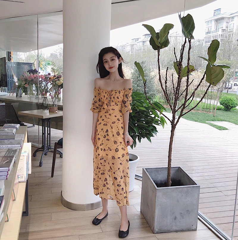 Vacation beach dress fashion brand summer new slash neck bow cross Tied belt flower print Korean style vestidos Women's Clothing | Женская