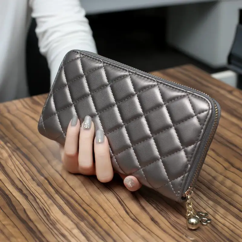 Gray Женский кошелек carteira feminina, длинный кожаный ромбоидальный стеганый кошелек на молнии, женский кошелек - Цвет: Gray