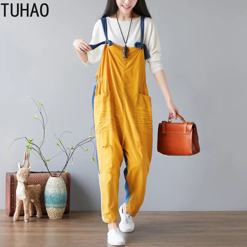 

TUHAO Women HOLE Yellow Patchwork Jumpsuit Spring Summer Casual Harem Pants Harajuku Rompers Plus Size Overalls LLJ