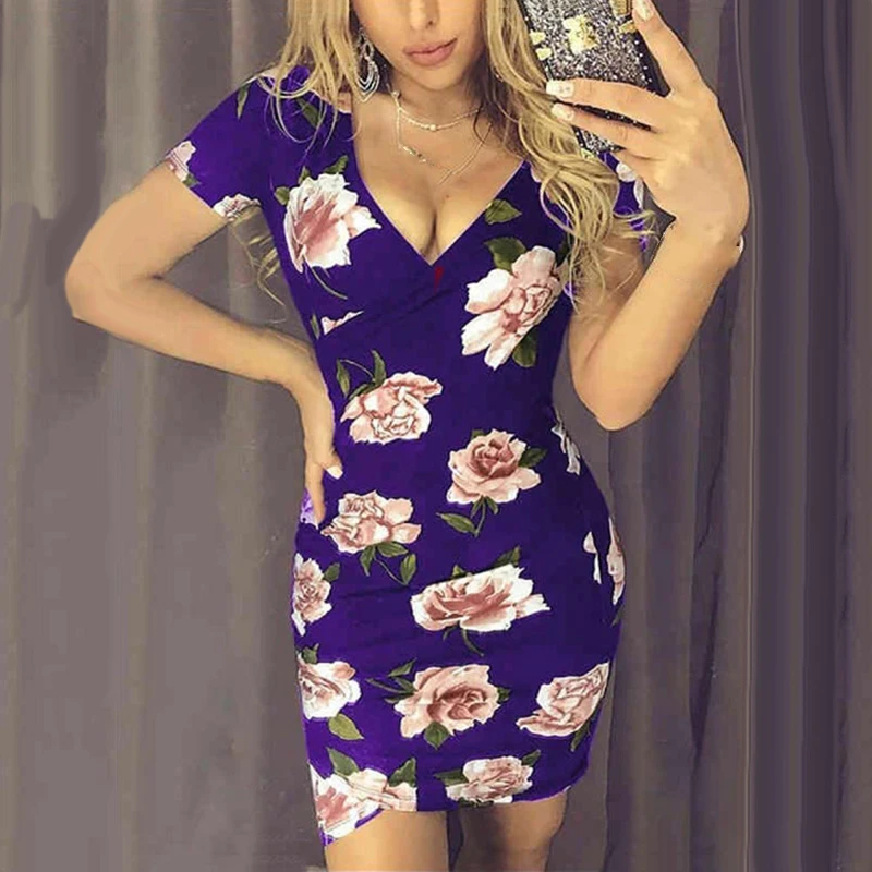 2019 Дамская мода с цветочным принтом обтягивающее мини платье v образным вырезом и