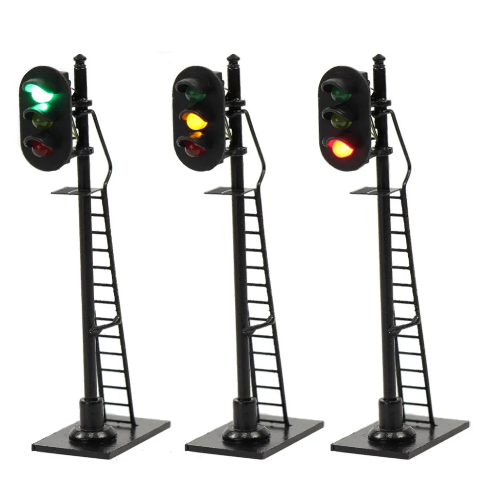 

3pcs Model Railway HO Scale 1:87 Red Yellow Green Block Signal Traffic Signal 6.3cm Traffic Light Black Post with Ladder