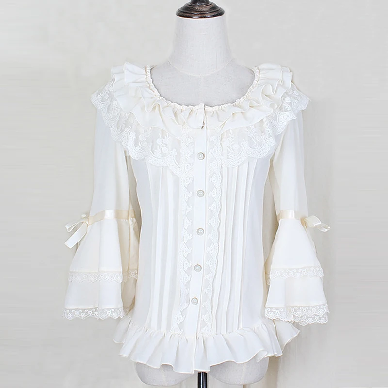 Весенне-летние женские белые короткие рубашки кружевные шифоновые готические с