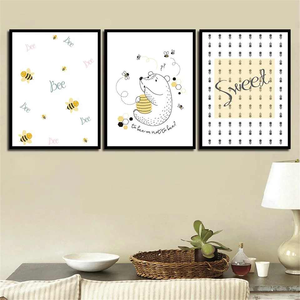 Wall Art Живопись на холсте мультфильмы украшения Гостиная пчелы медведя и сладкий