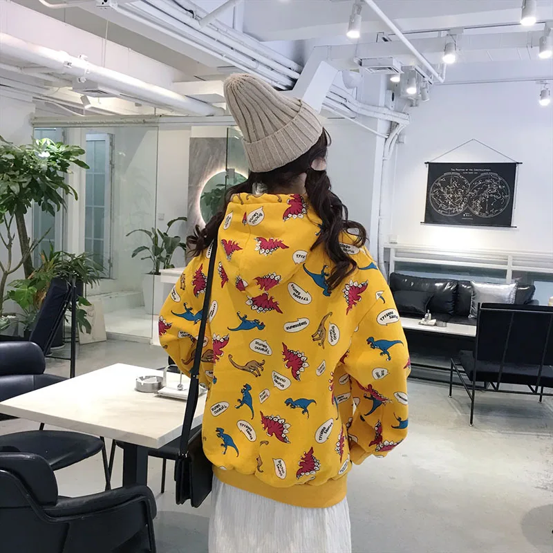 Ulzzang осенний женский Harajuku модный свитер Повседневный большой размер свободный M-2XL динозавр мультфильм с капюшоном ins пуловеры толстовка