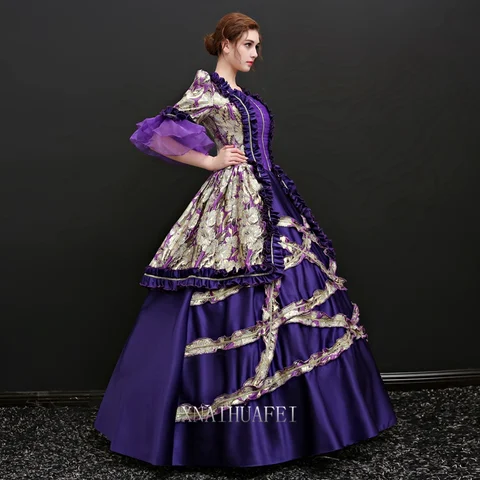 Бесплатная доставка, бальное платье фиолетового цвета с длинными расклешенными рукавами, королевы Венеции, карнавала, королевы, платье Средневековья, эпохи Возрождения, платье Виктория/антуинетт