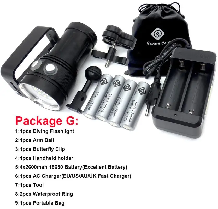 Package G Профессиональный светильник для дайвинга, подводный 100 м, светильник для подводного видео 15 XML2+ 6 красный+ 6 УФ светодиодный светильник для фотосъемки и видеосъемки - Испускаемый цвет: Package G