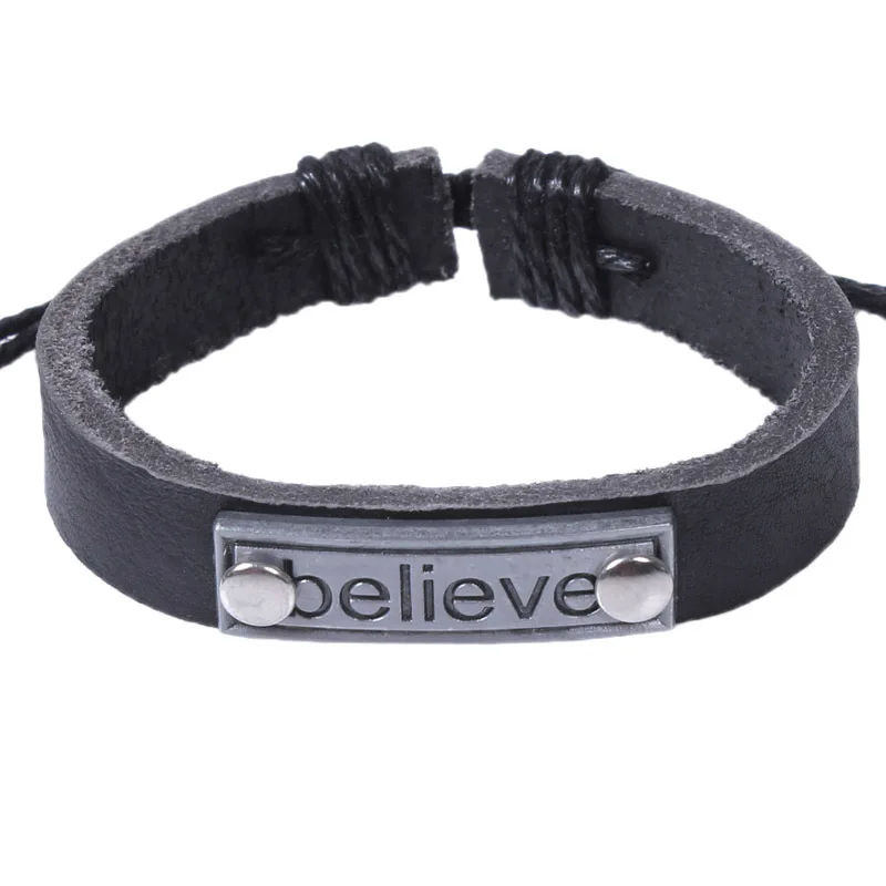 Believe кожаный браслет для мужчин и женщин серебряный шарм пеньковый плетеный шнур