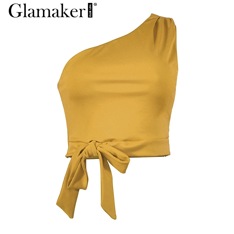 Цвет: желтый Glamaker, винтажные, на одно плечо, вязаные Топы И Футболки, женские топы, летние, без рукавов, рубашка, топ, женский, с вырезом, на шнуровке, сексуальный, укороченный топ - Цвет: Цвет: желтый