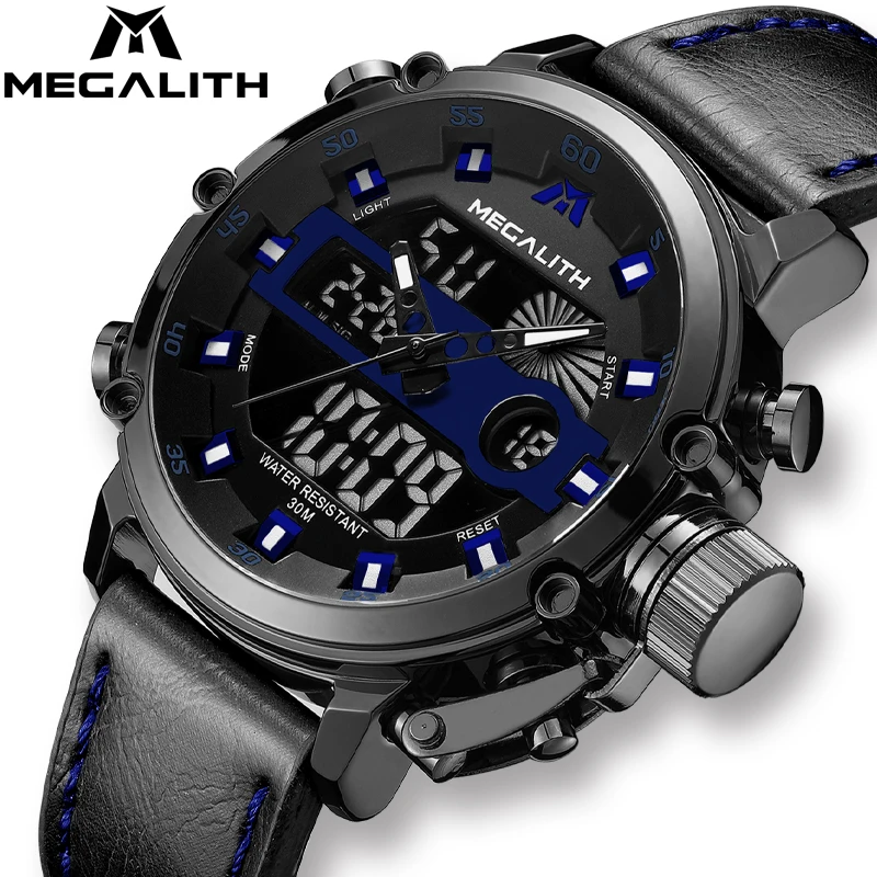 

MEGALITH Fashion Men Sports Quartz Watches Dual Display Analog Digital LED Electronic Wristwatches Waterproof Military Watch Men