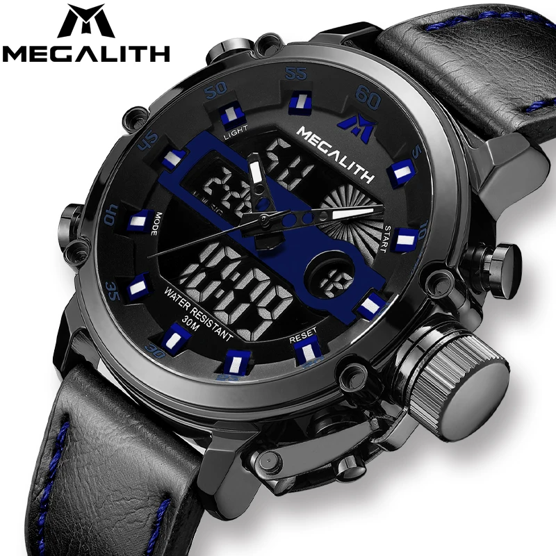 MEGALITH Модные мужские спортивные кварцевые часы с двойным дисплеем аналоговые
