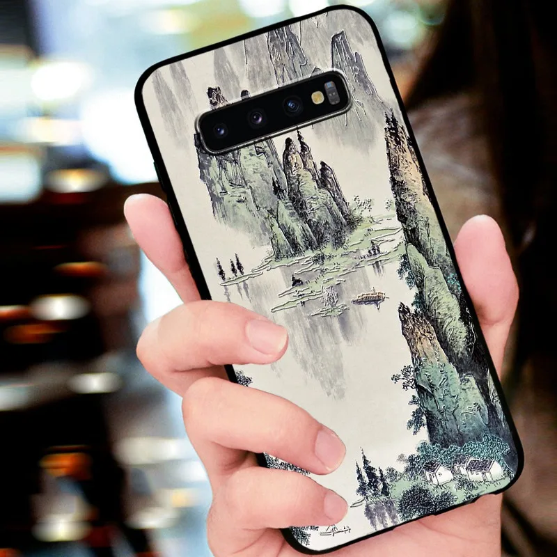 Тиснением старинные Восточной Азии Китайский Японский Стиль чехол для samsung S10 плюс S10 Снежная гора указ Кран Крышка - Цвет: 1