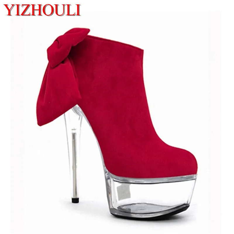 

6 inch Platform side zipper fashion boot women top bows suede sexy 15cm ultra high heels short boots martin Crystal shoes
