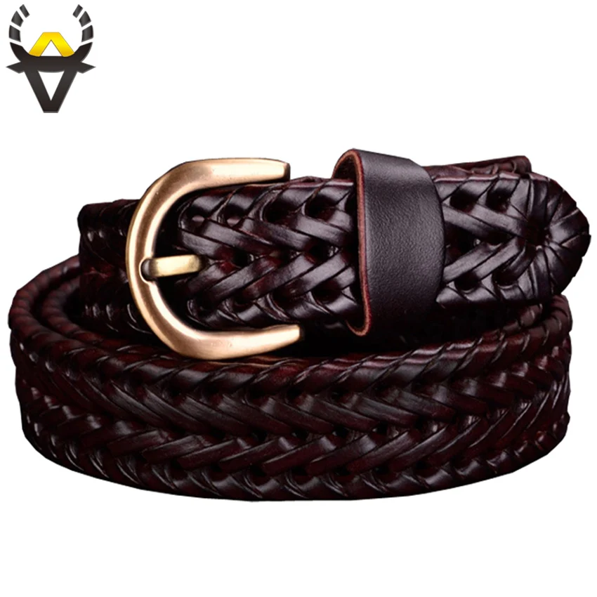 Genuine leather belt woman Braided belts for Women High quality second layer Cow skin strap female for jeans width 2.5 cm Coffee