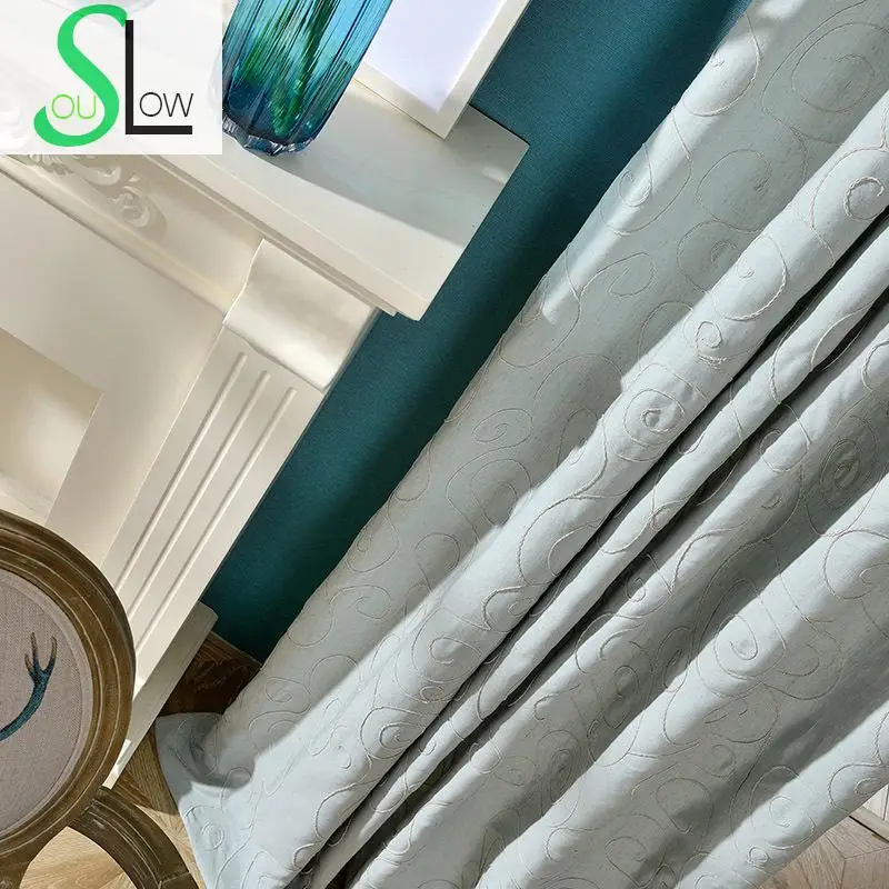 Занавеска из хлопка Slow Soul с синим крючком Современная штора вышивкой цветочной для гостиной детской