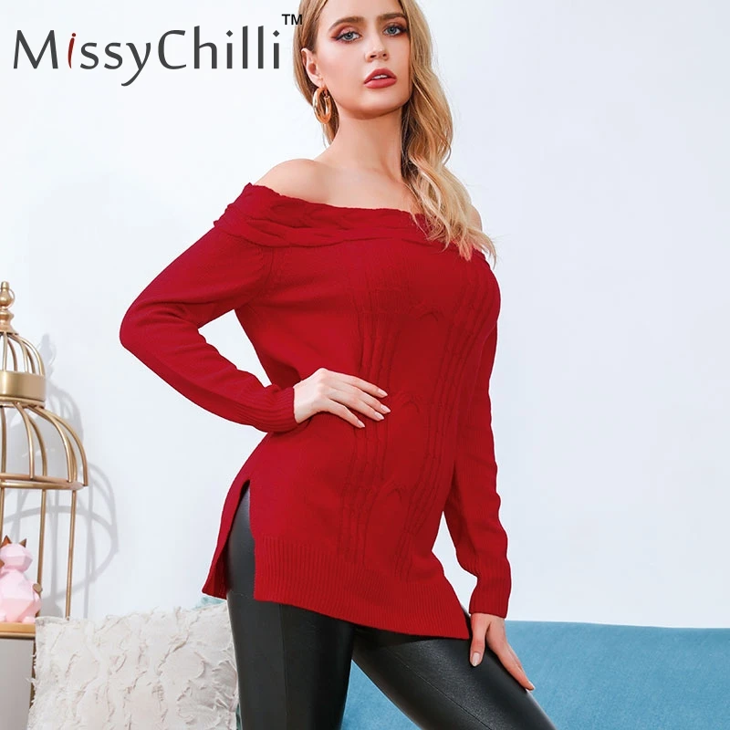 MissyChilli с открытыми плечами сексуальное красное платье-свитер джемпер длинными