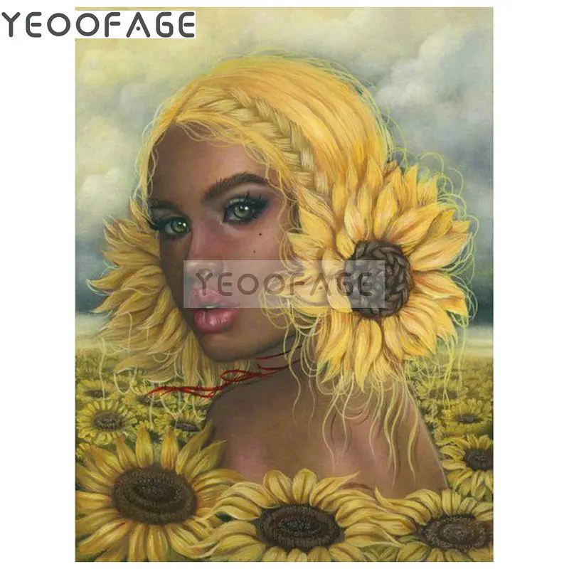 Hand embroidery diy diamond painting sunflower girl 5d full square rhinestone flower cross stitch mosaic | Дом и сад