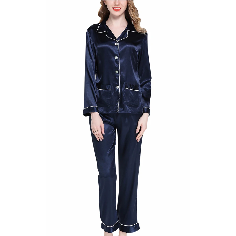 2017 Spring Autumn Women Pajamas Sleepwear Suit Set Sex Nightgown Femme Silk Loose Solid Long Sleeve Tops+Pants Style | Женская одежда
