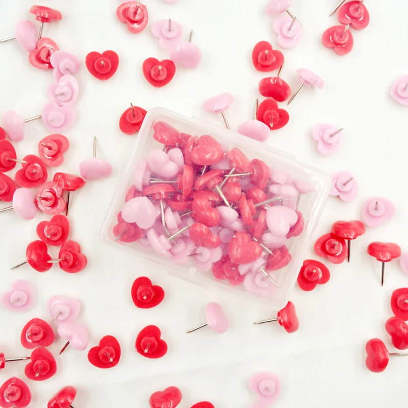 50pcs Pink Red Heart Shape Thumb Tack Plastic Quality Cork Board Safety Colored Push Pins Office School Binding Accessories|Канцелярские
