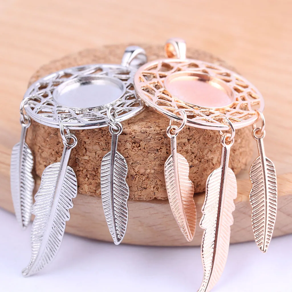 

reidgaller 5pcs Fit 14mm cameo cabochon base settings diy dream catcher charm pendant bezel trays diy necklace jewelry findings
