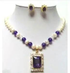 Новое поступление, Комплект украшений из жемчуга, ожерелье и серьги с кулоном из фиолетового аметиста, идеальные женские украшения