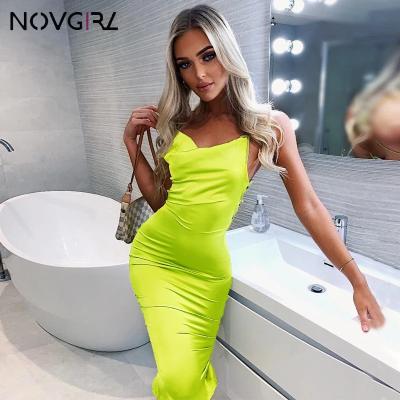 

Novgirl Silky Backless Lace Up Sexy Party Dress Women 2019 Summer Sleeveless Bodycon Satin Midi Dress Vintage Party Ladies Robe