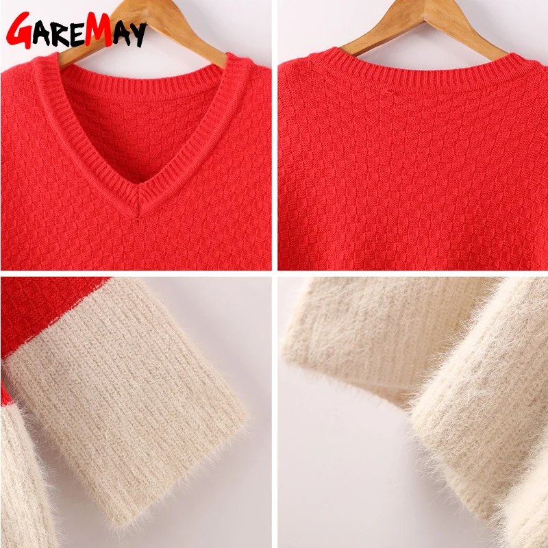 Garemay Women's Mohair Knitted Sweater Female Womens Oversized Sweaters And Pullovers V Neck Loose Patchwork Red | Женская одежда