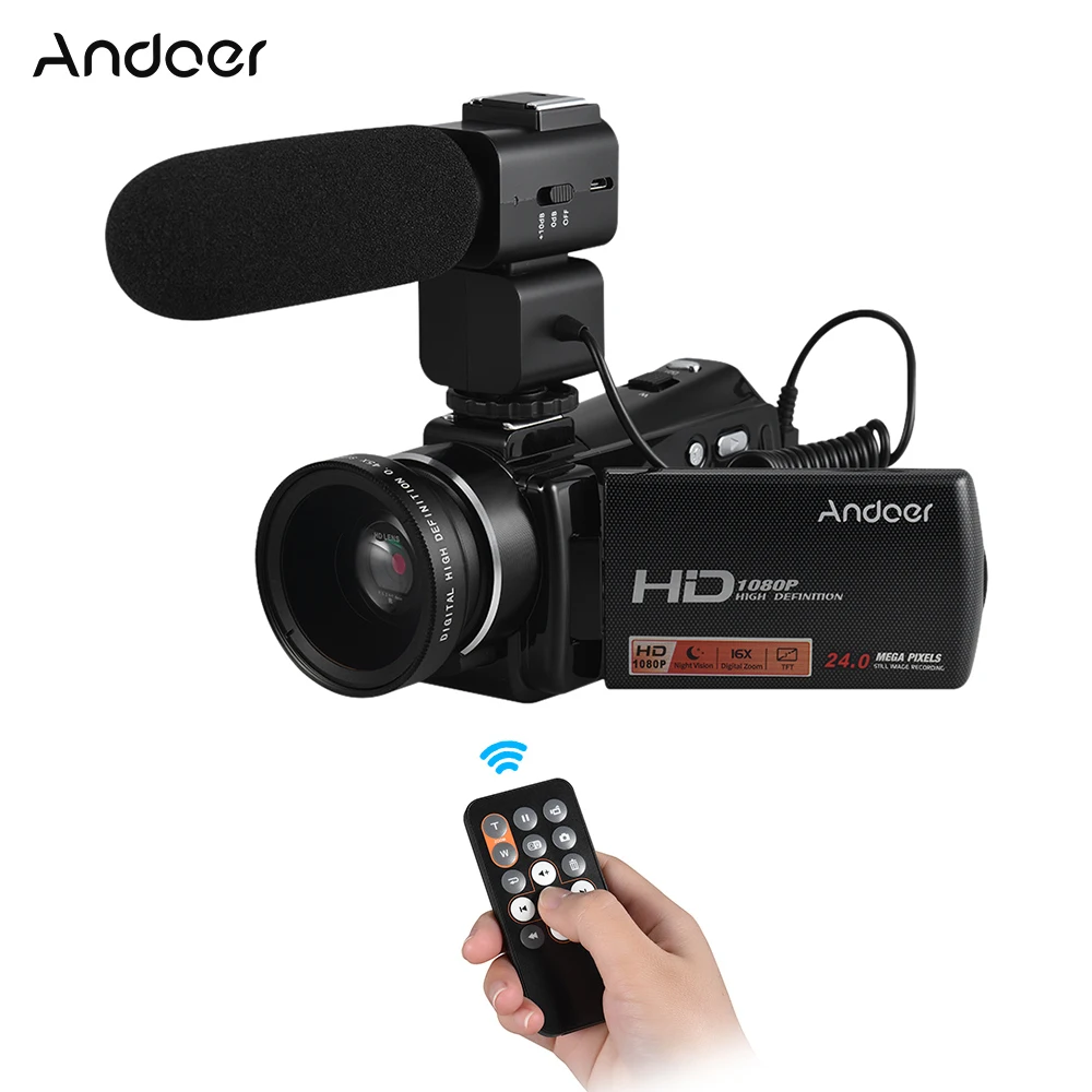 Andoer Цифровая видеокамера Fotografica 1080P Full HD 24MP портативный + внешний микрофон 0.45X