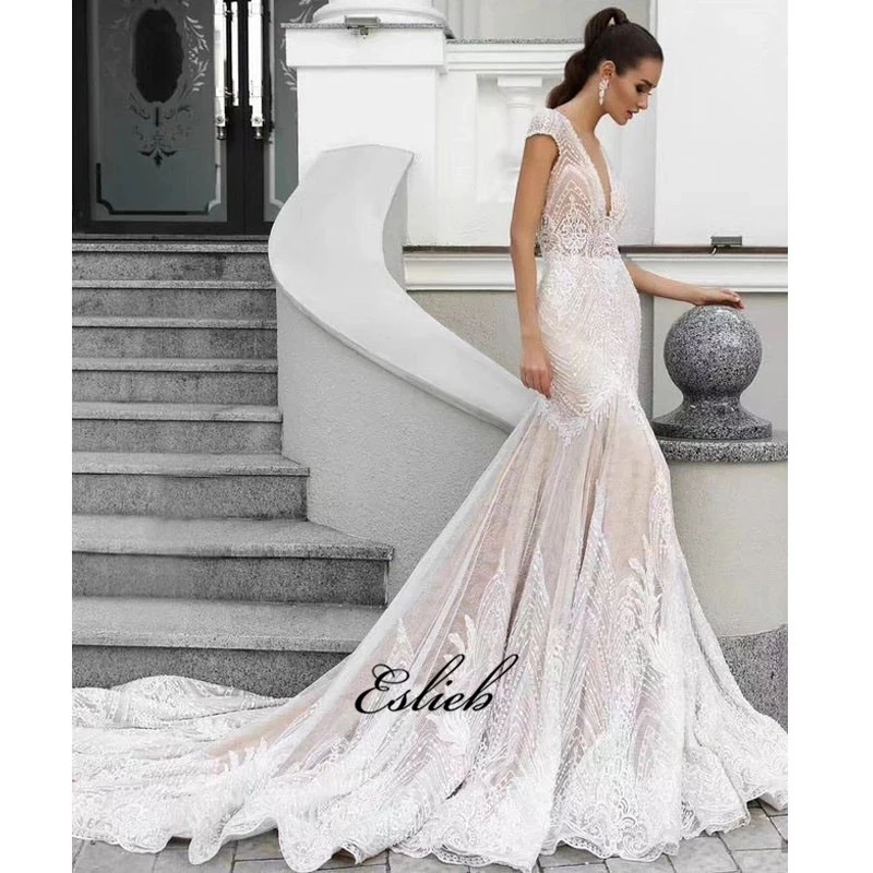 

Elegant lace appliques wedding dress cap sleeves lace court tail deep V neck mermaid wedding dress with Jacket bridal HA028