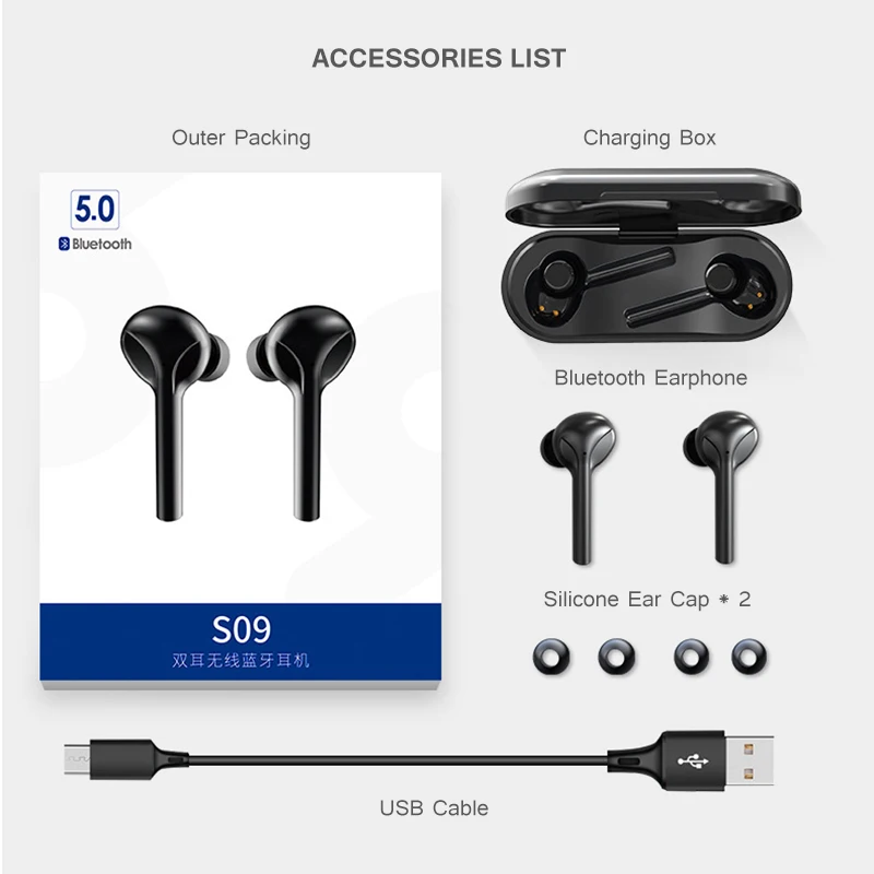 POLVCDG S09 беспроводные Bluetooth наушники 2019 Новые Черные Водонепроницаемые Hi-Fi стерео