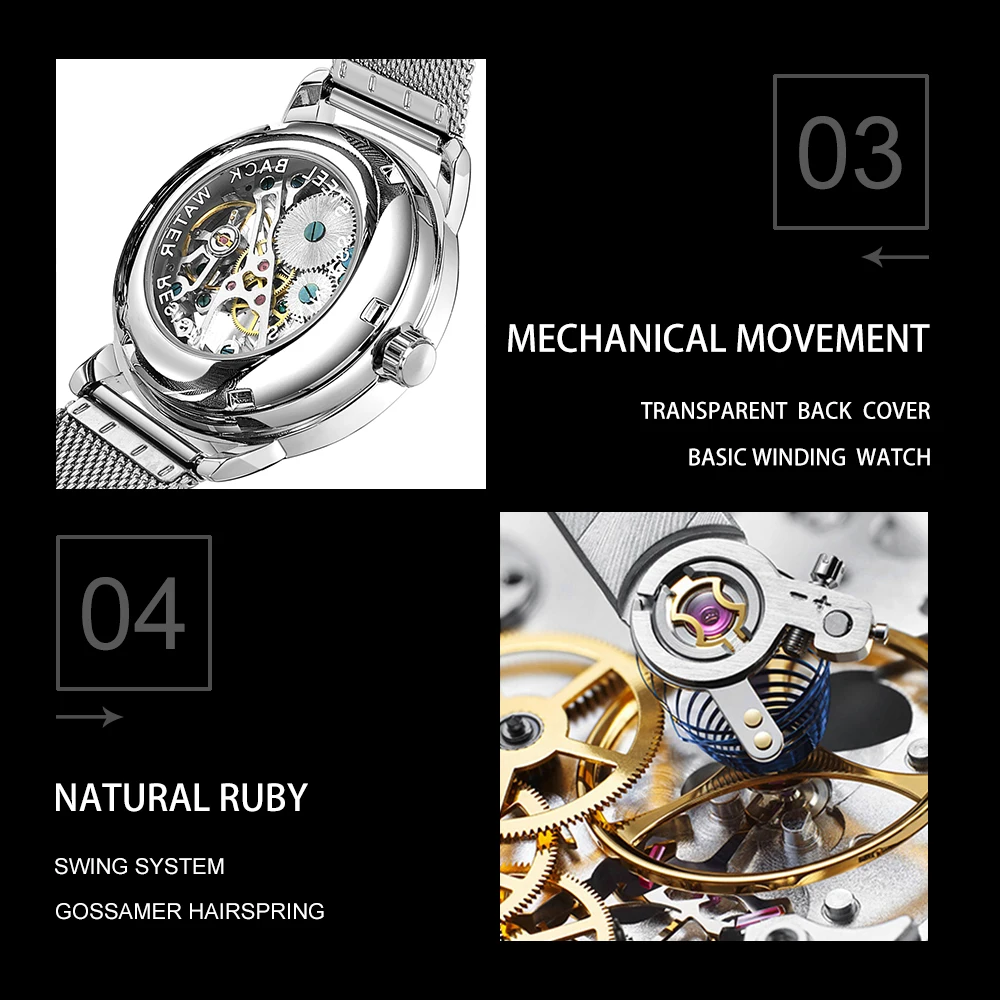 Мужские механические часы SAS светящиеся стрелы сетчатый ремешок со скелетом