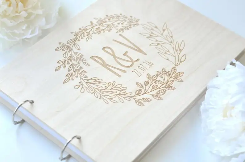 

Personalized GuestBook wreath, garden wedding Engraved Wooden Guest Book, floral wedding decor