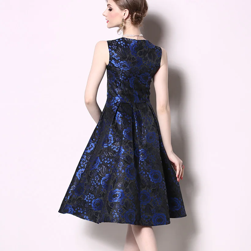Новинка, винтажное элегантное платье, vestidos, темперамент, тонкие платья, высокая талия, цветок, без рукавов, платье для вечеринки, жаккардовое летнее платье для женщин