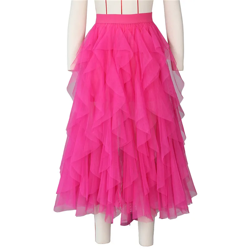 Rose Red HITOM PRINCESS Fashion Tutu Tulle Skirt Women Long Maxi Skirt Summer High Waist Pleated Skirts Female Jupe Saias - Цвет: Rose Red