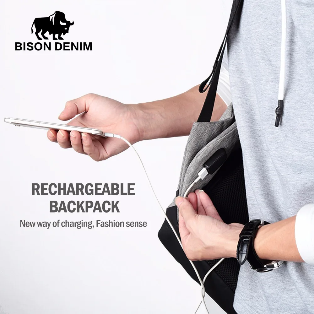 BISON DENIM USB зарядка анти вор рюкзак мужской для отдыха путешествий школьные сумки