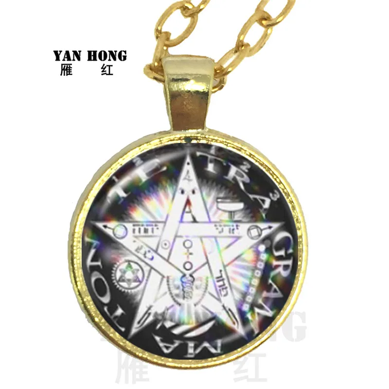 

dsMystic Pentacle Satanic Necklace Glass Cabochon Goth Pendant Wiccan Star Accessories Pray For Happiness Gift For Friends