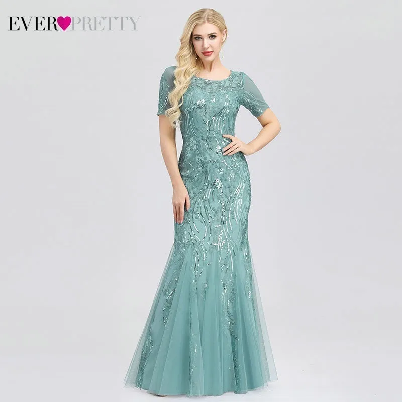 Blue Формальные Вечерние платья Ever Pretty Новые Русалка o-образным вырезом с коротким рукавом Кружева Аппликации Тюль Длинные вечерние платья халат Soiree сексуальный - Цвет: Blue
