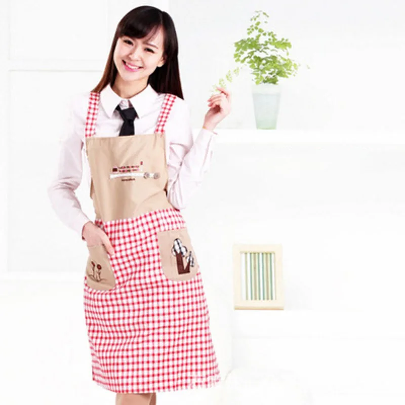 Red plaid Кухонный Фартук для приготовления пищи, Корейская версия, Женский фартук, милый двойной плечевой ремень, маслостойкий для дома, фартук для уборки, спецодежда с карманами - Цвет: Red plaid