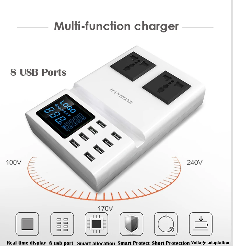 2 розетки переменного тока 8 портов USB настольное зарядное устройство для