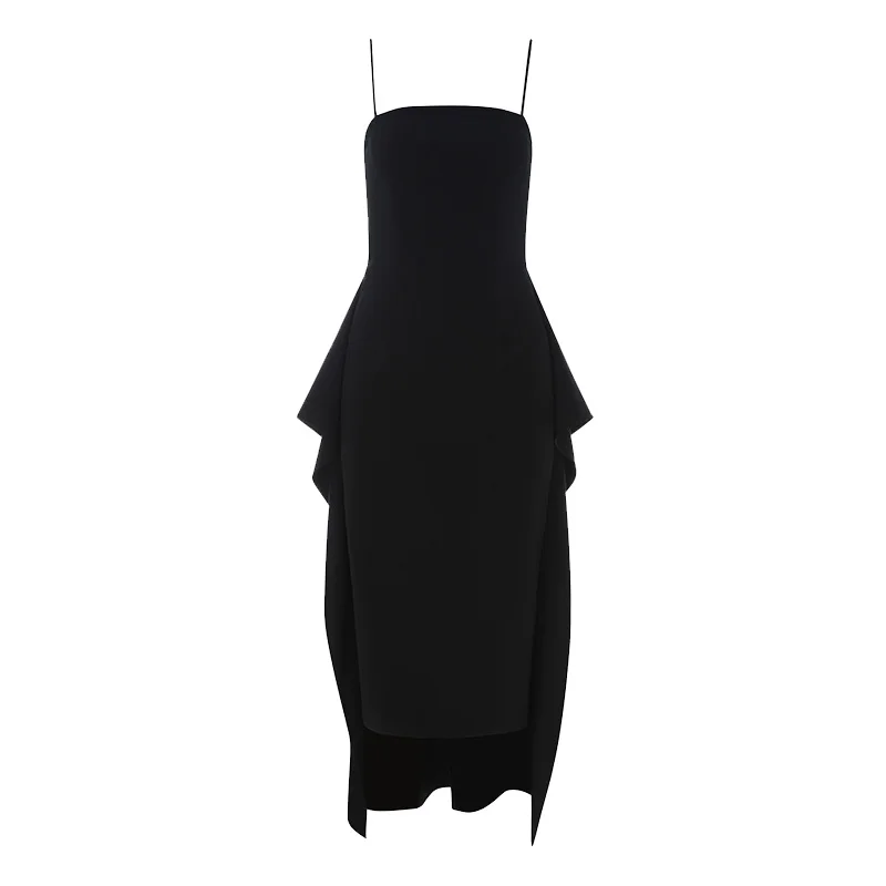 Elegant Black Cami Dress Knee Length Mid Slim Fit Spaghetti Strap 2019 Summer Women Slash Neck Beading Irregular Dresses | Женская