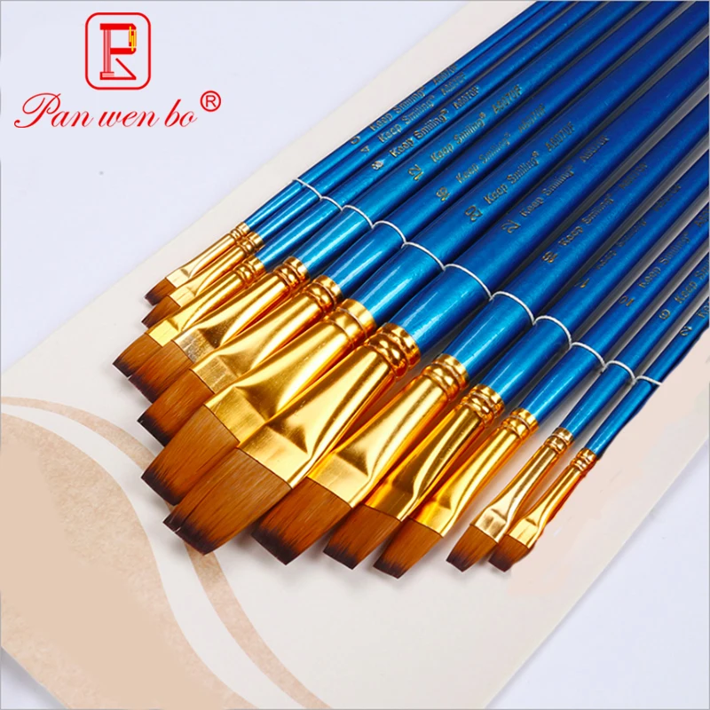 12 Pieces Mixed Size Flat Head Brushes For Drawing Blue Nylon Hair Paint Brush For Stationery Art Supplies