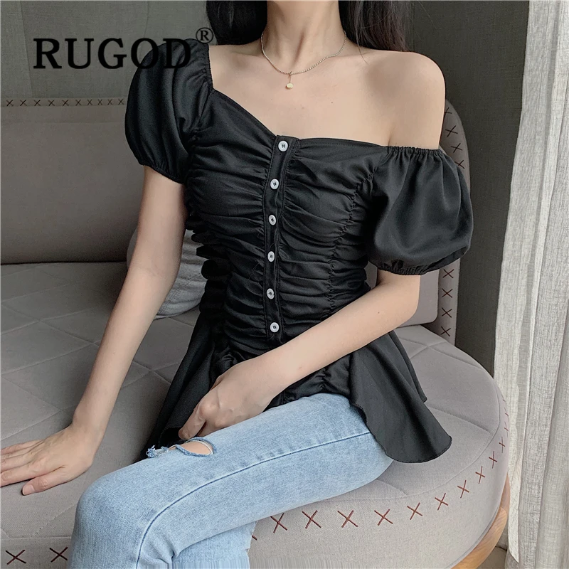 RUGOD Корейская женская блузка с открытыми плечами элегантные плиссированные