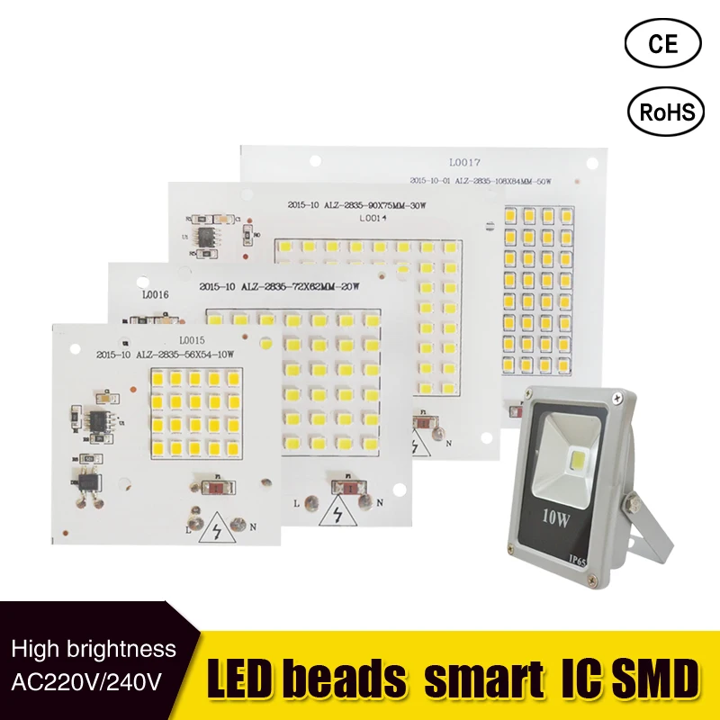 LED Lamps SMD Chip Beads Smart IC 220V Input 10W 20W 30W 50W For Outdoor FloodLight Cold White/Warm White | Лампы и освещение