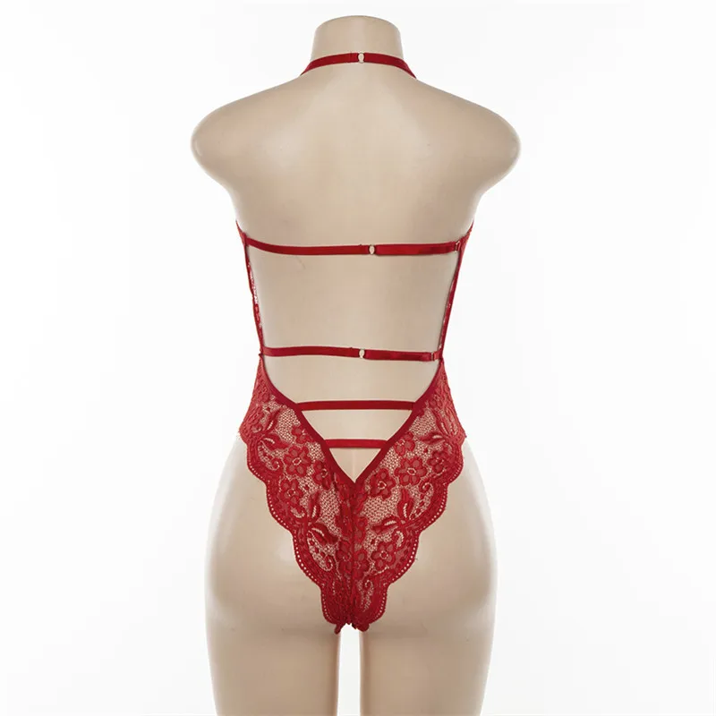 ArtSu Transparent Halter Lace Bodysuit Women Sexy V Neck Floral Jumpsuit Bodycon Romper Mujers Bodysuits Nightwear ASJU60111