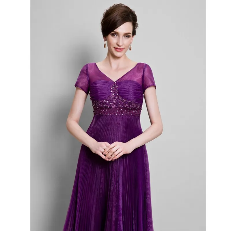 LAN TING BRIDE A-Line V Neck Floor Length Organza Mother of the Bride Dress with Beading Appliques Pleats Ruched | Свадьбы и